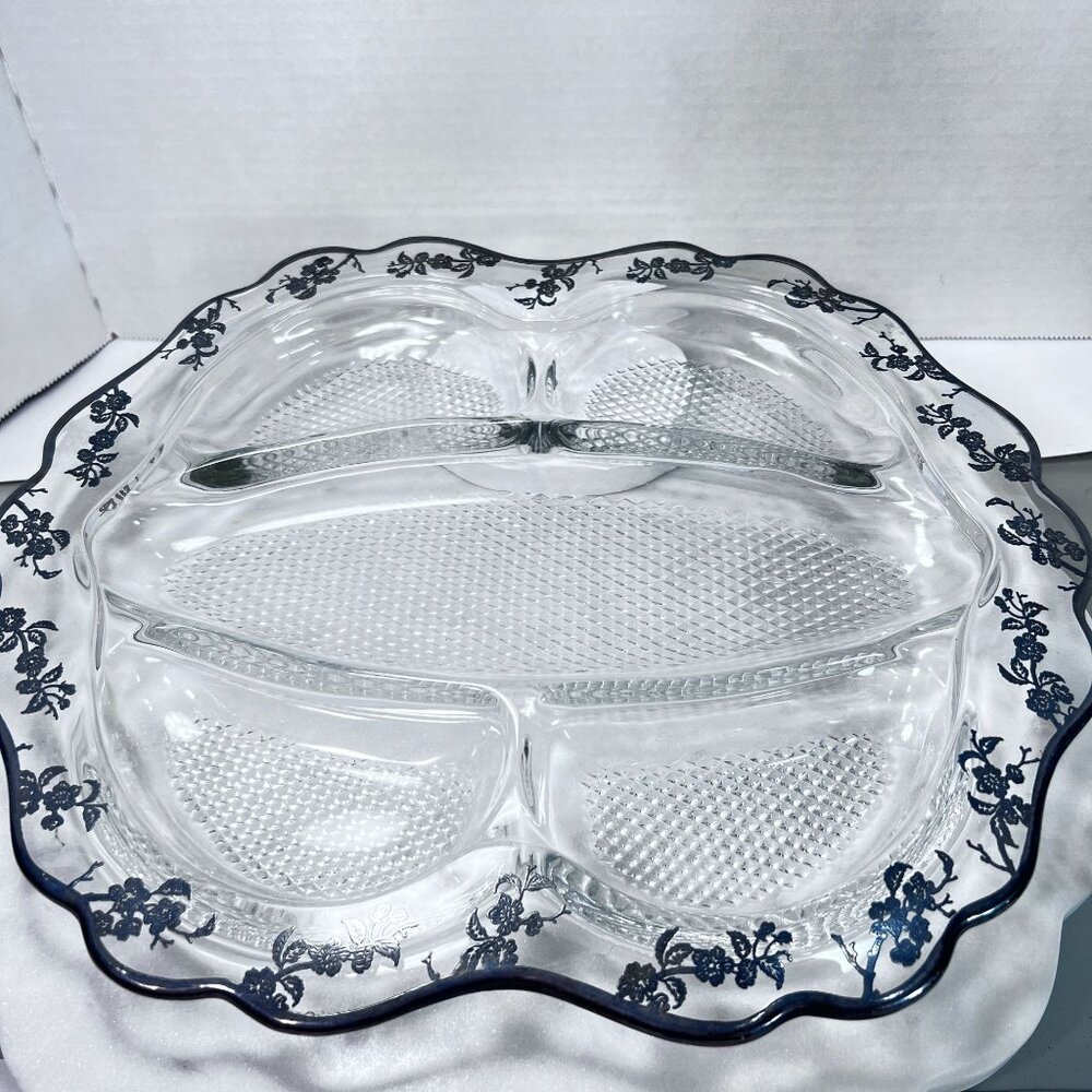 Vtg Divided Glass Relish Tray Silver Overlay Floral Rim Design Textured Sections
